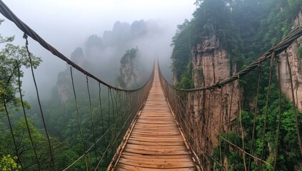 Fototapeta premium Misty Mountaintop Suspension Bridge
