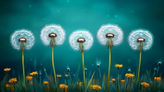 Five fluffy dandelion seed heads in a row against a teal background, surrounded by smaller yellow and orange flowers and green grass. Soft lighting