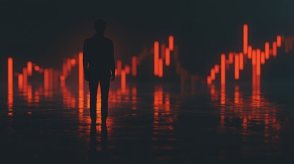 Fototapeta premium Businessman Standing Before Financial Market Data with Glowing Red Graphs and Reflections in a Dark Environment