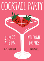 Cocktail party invitation template. Pink invitation flyer with strawberry cocktail in cartoon style. Vector illustration