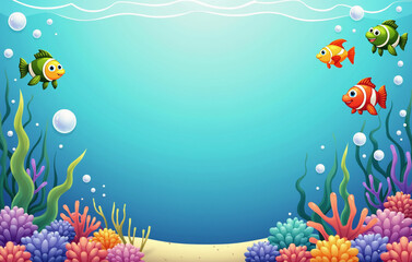 Fototapeta na wymiar Vibrant underwater scene featuring colorful cartoon fish swimming among a variety of lively coral formations