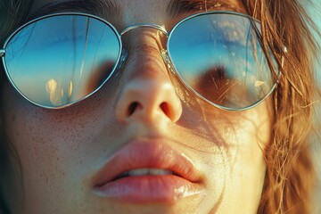 Close-up of a freckled young woman wearing aviator sunglasses, enjoying the golden hour sunlight reflecting on her face