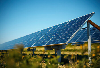 Photovoltaic panels are aligned neatly, soaking up sunlight to generate renewable energy in a vast open space on a sunny day.