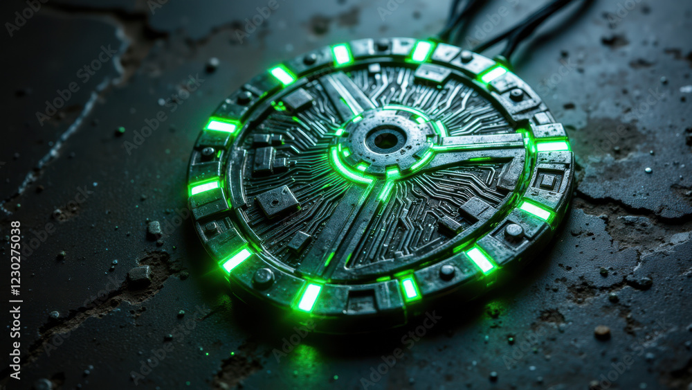 Poster cybersecurity device with a glowing green circular interface on a dark background.
