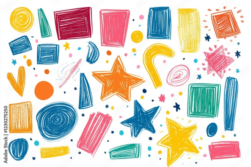 Poster colorful abstract background featuring various hand-drawn shapes and scribbles, creating a lively an