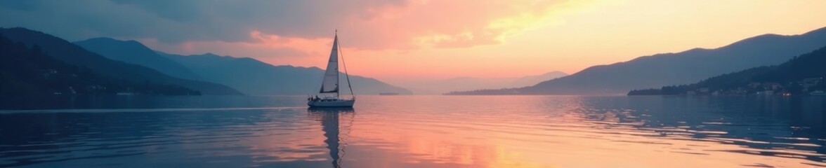 Obraz premium A lone sailboat glides across the calm waters of Lake Geneva at dusk, water, reflection