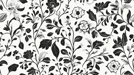 Floral Seamless Pattern Design Featuring Intricate Black And White Leaves And Flowers, Capturing Nature’s Elegance In A Timeless Style