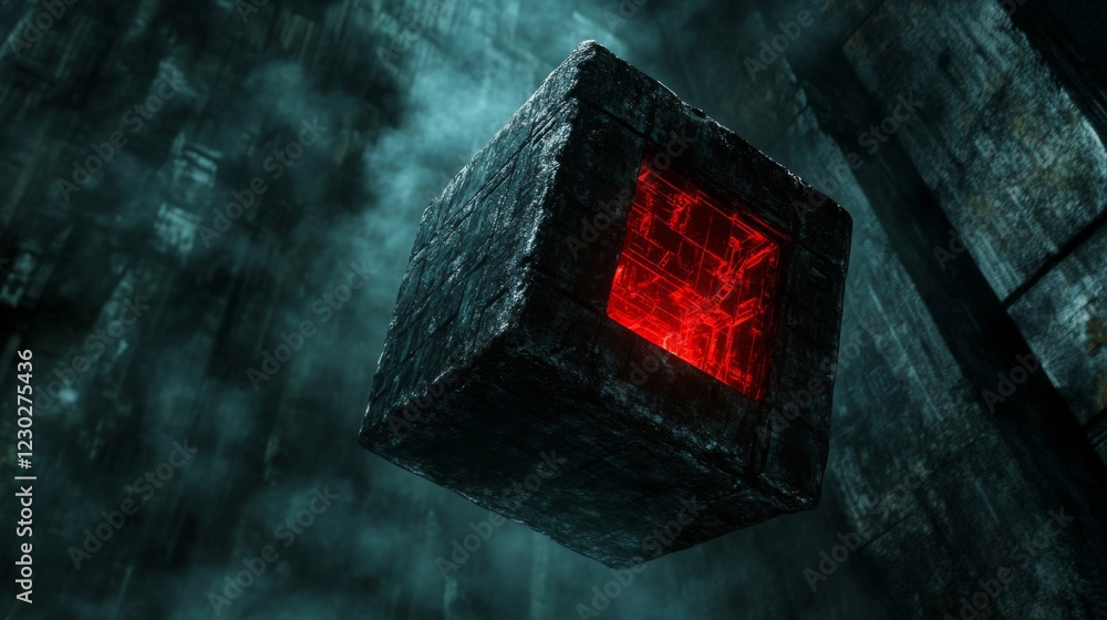 Poster glowing red cube in dark abstract setting