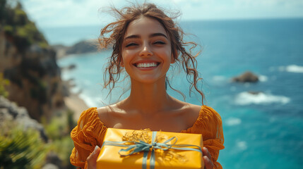 Smiling woman holding a gift near the ocean on a sunny day in a tropical location