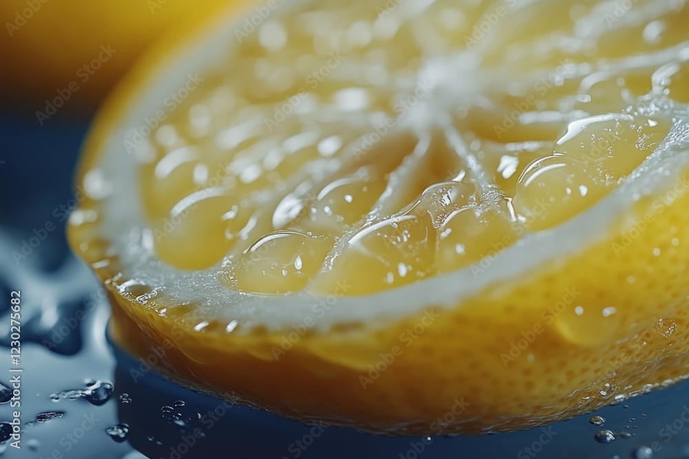 Poster lemon slice with water drops creating a refreshing visual, ideal for food and beverage concepts