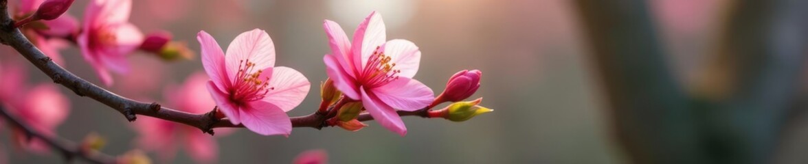 Fototapeta premium A pink flower blooms in the crook of a tree's branch, isolated, blooming flowers, tree branch