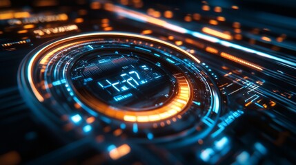 A high-tech gauge meter illuminated by dramatic lighting, indicating speed, performance, or key measurements in an advanced digital environment