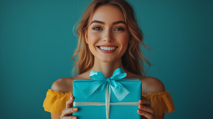 Happy woman smiling while holding a blue gift box against a bright turquoise background in a celebratory setting
