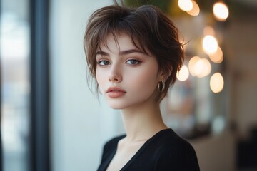 Obraz premium Portrait of a confident young woman with a stylish short haircut and elegant earrings