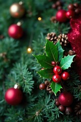 Red copy space with a few holly berries on it, christmas background, greenery, winter decor