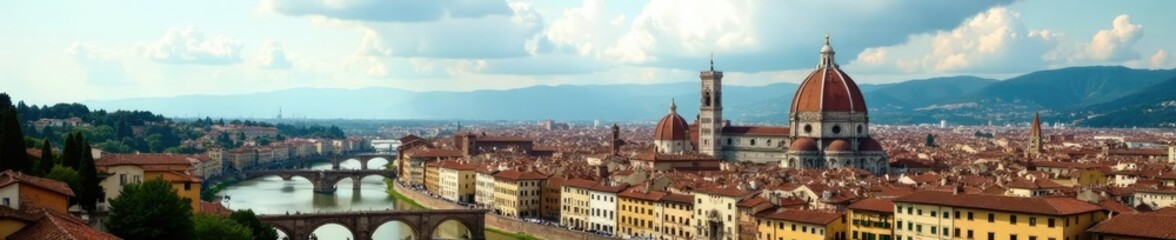 Fototapeta premium Cloudy sky above Florence with terracotta rooftops, AncientCity, MedievalBuildings