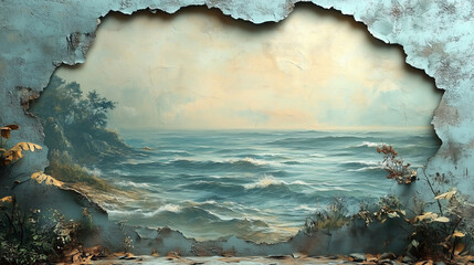 Ocean landscape mural breaking through a wall in a tranquil coastal setting at dawn