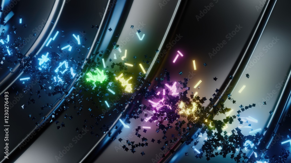 Aufkleber abstract 3d rendering of neon lights exploding from dark metallic curves.