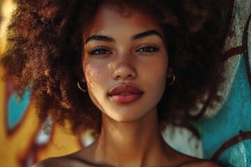 Fototapeta premium Portrait of a beautiful young woman with afro hair and freckles posing near a graffiti wall