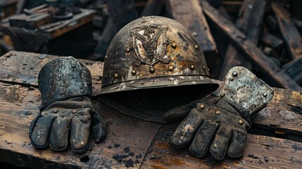 Vintage helmet and weathered gloves on crate reflecting the somber atmosphere of wwii battles