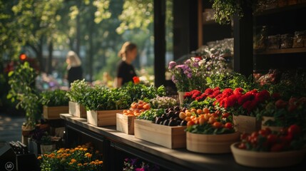 Vibrant Market Scene with Fresh Vegetables and Colorful Flowers in Wooden Baskets Under Soft Sunlight