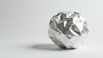 Crumpled aluminum foil sphere resting on plain white surface, metallic, reflective