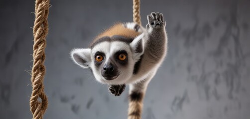 Ring-tailed lemur hanging upside down on a rope, tree, motion blur, swinging