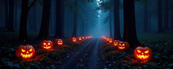 Dark forest path illuminated by jack-o-lanterns, lanterns, forest,