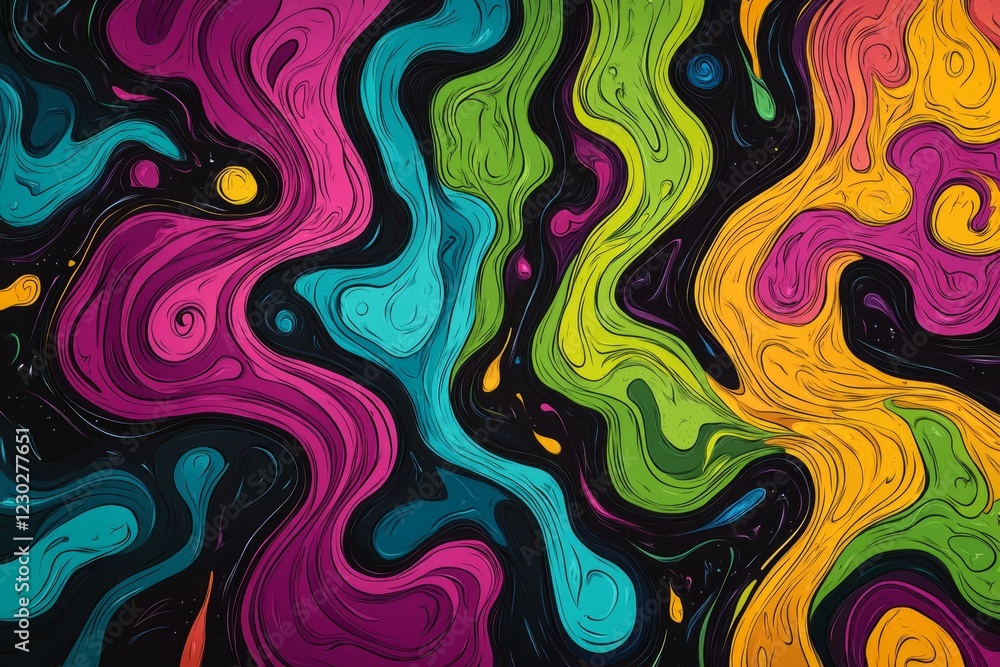 Poster colorful wavy stripes flowing and mixing, creating an abstract and vibrant background with a playful