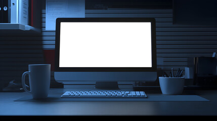 Naklejka premium monitor in a creative office space with a keyboard and coffee cup 