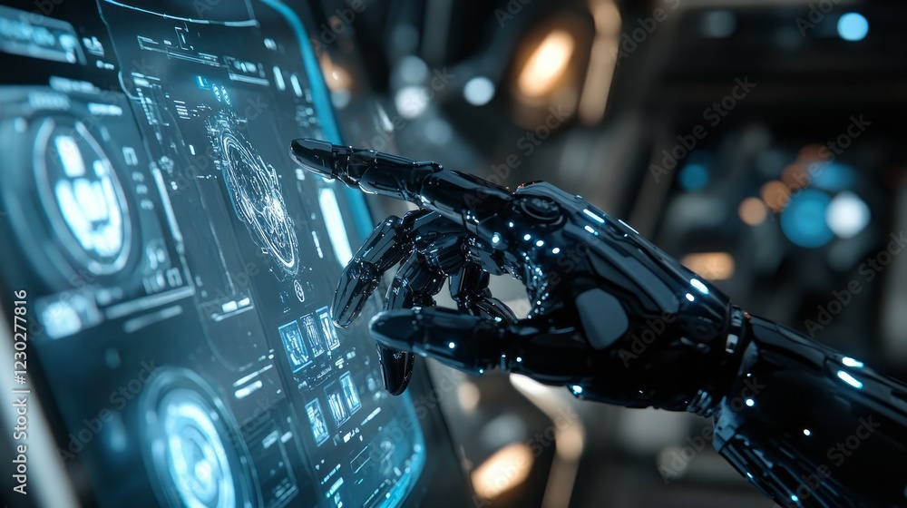 Poster A robotic mechanical hand extends its index finger to interact with a holographic virtual interface, embodying artificial intelligence and futuristic design concepts