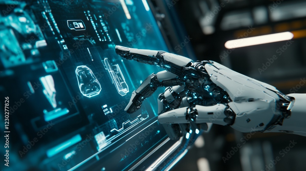 Poster A robotic mechanical hand extends its index finger to interact with a holographic virtual interface, embodying artificial intelligence and futuristic design concepts