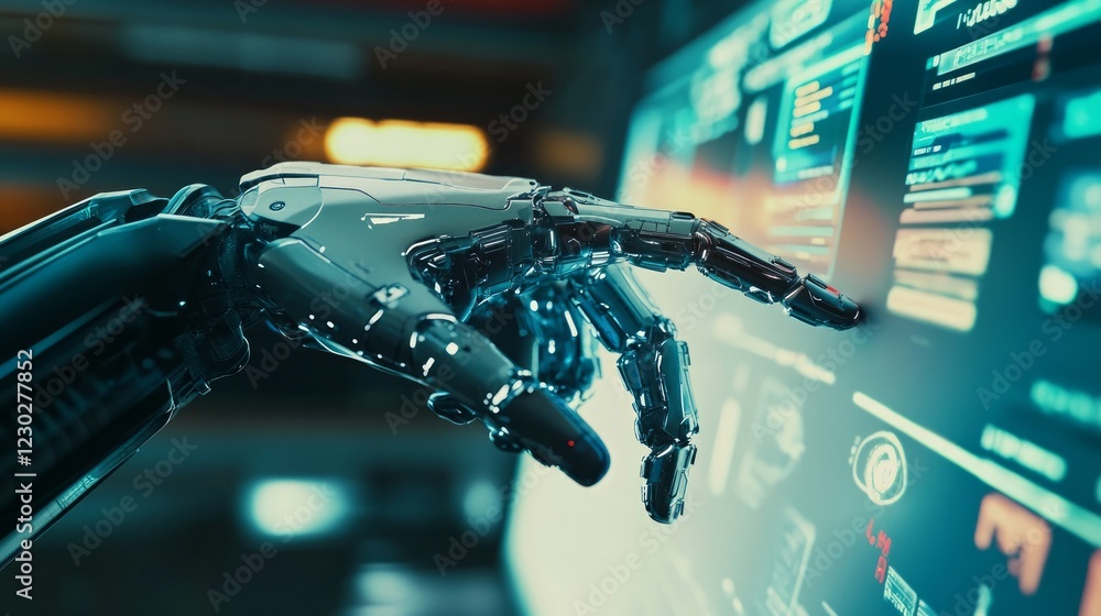 Poster A robotic mechanical hand extends its index finger to interact with a holographic virtual interface, embodying artificial intelligence and futuristic design concepts
