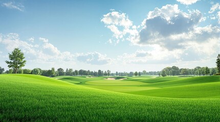 Rolling green hills of a lush lawn stretching towards a golf course, golf courses, outdoor, grass, golf