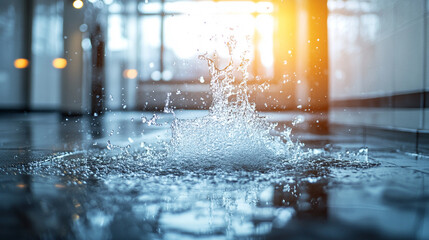 A burst heating pipe with water splashing, emphasizing damage and urgency, captured in a bright, minimalistic style with blurred background and empty caption space on the side

