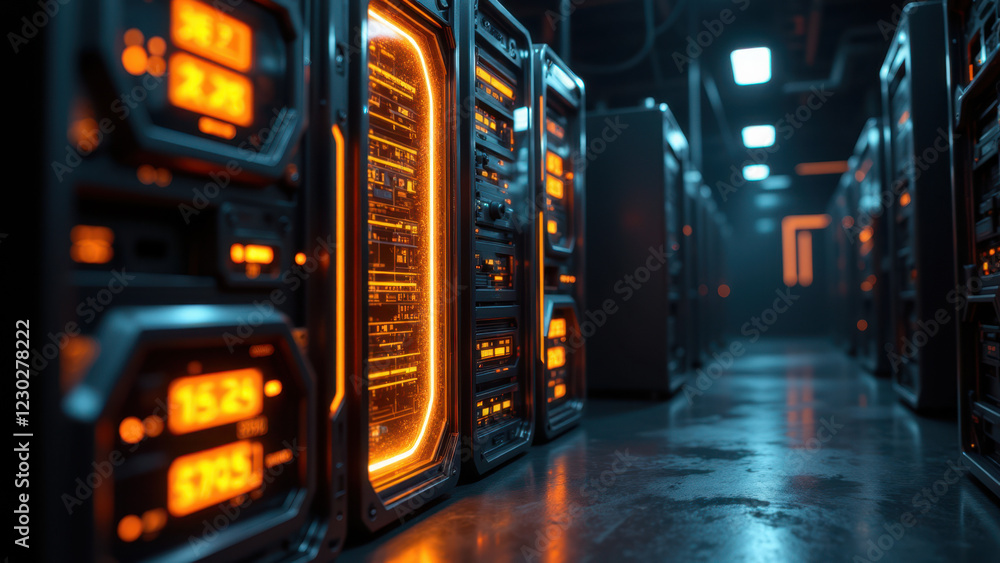 Poster network server room with a focus on cyber security and digital infrastructure.