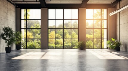 Fototapeta premium A spacious loft room featuring large windows that provide a stunning nature view, polished concrete flooring, black steel structures, and warm sunlight streaming inside