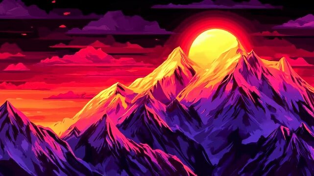 Pixel art sunset over snow capped mountains. Vivid colors of red, purple, and yellow dominate. Dark silhouette of mountains and trees in the
