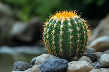 Golden Spined Cactus Among Smooth Stones Near Water