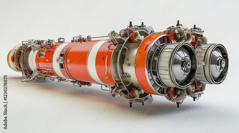 Poster detailed view of a futuristic rocket engine design showcasing complex mechanical components