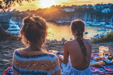 Fototapeta premium Two women enjoy a serene sunset by the water, sitting on a picnic blanket with food, overlooking a marina with boats.