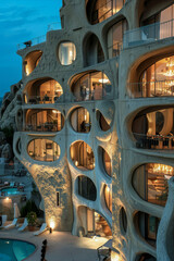 Unique modern architectural building with organic curves and illuminated windows, featuring a poolside area, photographed during twilight