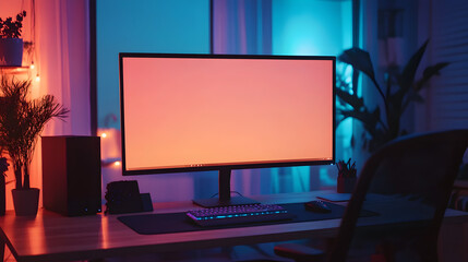 with a large monitor displaying a blank screen and a minimalist aesthetic 