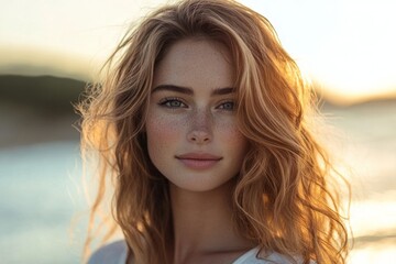 Fototapeta premium Young woman with long, wavy auburn hair and freckles poses during golden hour at the beach
