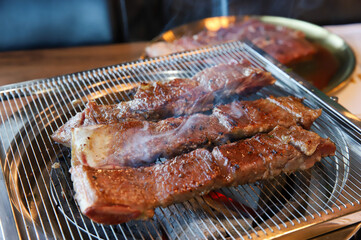 Korean traditional BBQ food. raw beef ribs