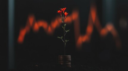 Single Red Flower Growing from Stacked Coins in Dark Background Symbolizing Financial Growth and Nature's Resilience