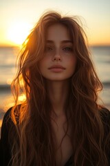 Young woman with long auburn hair enjoying golden hour light on a beach