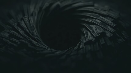 Dark Swirling Banknotes Creating a Vortex of Wealth and Financial Fear in Moody Atmosphere