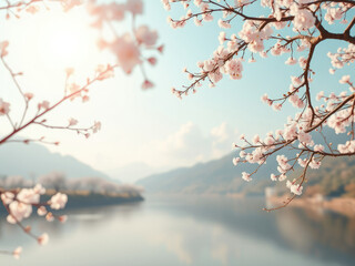 Fototapeta premium Scenic view of Yangjaecheon river framed by cherry blossom branches, nature, serene, flora