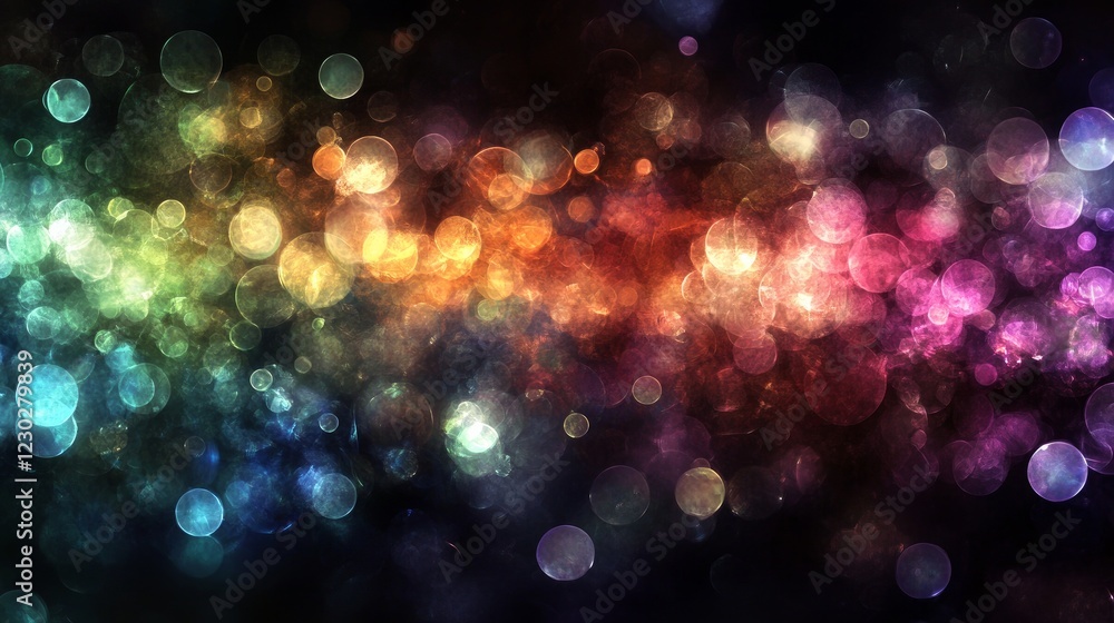 Poster an abstract background with softly blurred, colorful lens flares against a black backdrop, creating 